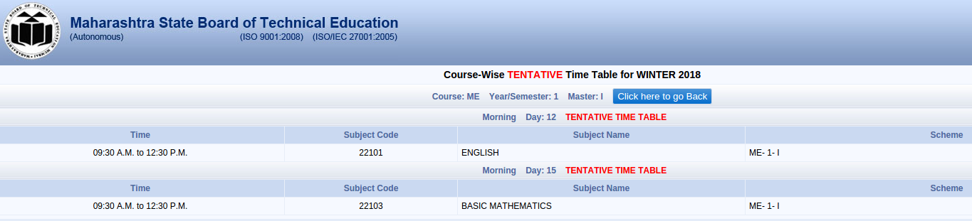 Msbte Time Table Latest Updated Final Timetable